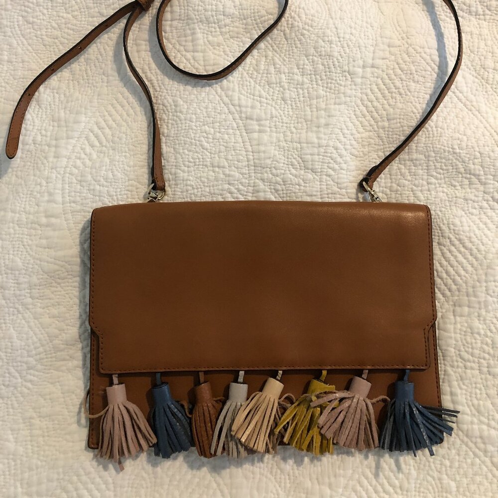 Rebecca Minkoff Sofia Envelope Crossbody Purse Brown Tan Tassel Multi Leather